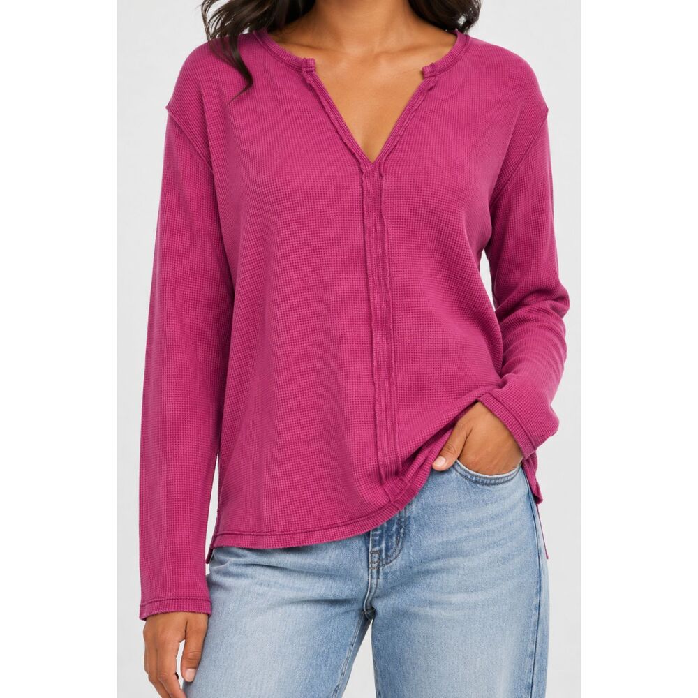 Pilcro Anthropologie Women’s L Pink Thermal Waffle Knit V Neck Long Sleeve Top
